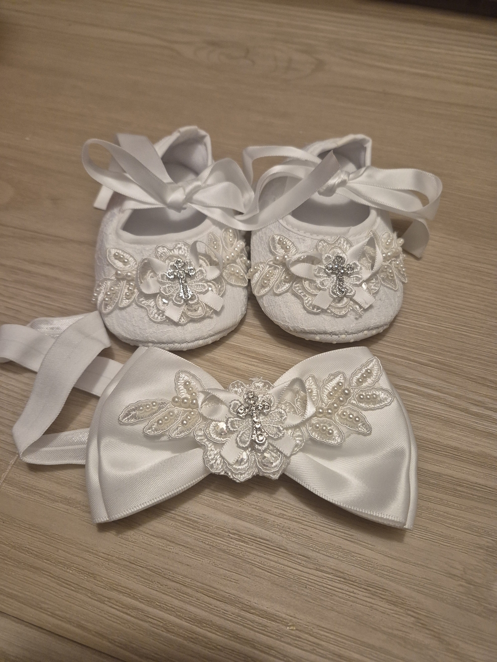 Baptism Christening Baby White Satin Shoes and Bow Headband Set Size 9-12 Months